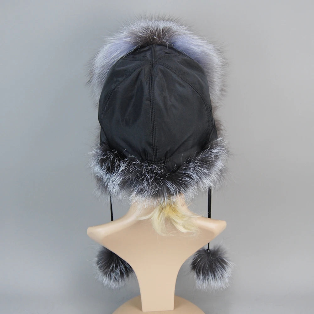 100% Real Fur Hat for Women Natural Silver Fox Fur Russian Ushanka Hats Winter Thick Warm Ears Fashion Bomber Cap