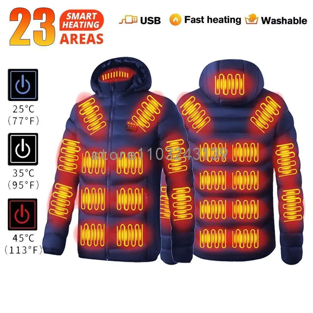 25 Areas Heated Jacket Men Women USB Electric Heated Down Jacket Thermal Self Heating Jacket Hiking Camping Ski Winter Coat