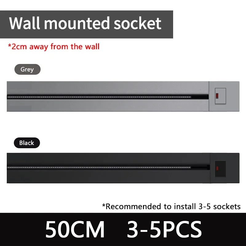 Wall power rail socket with switch, kitchen aluminum expansion socket 40cm 50cm, built-in socket on countertop