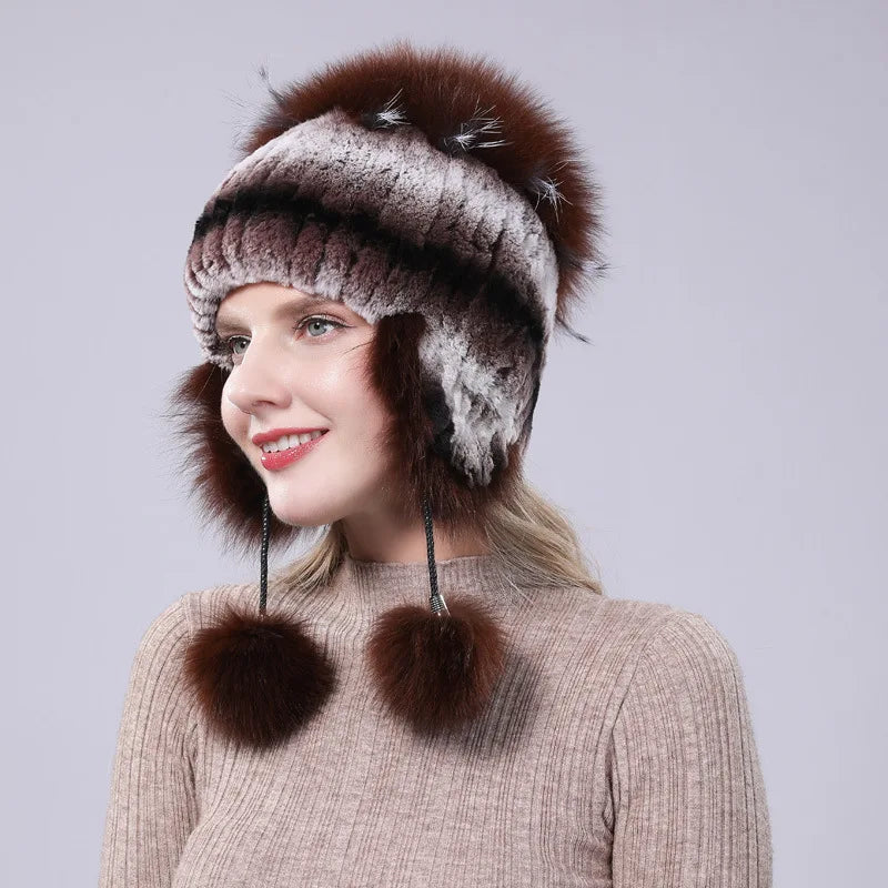 2024 New Winter Hat For Women Warm Natural Genuine Rex Rabbit Fur Knitted Hats With Ear Flaps Handsewn Fashionable Bomber Hat