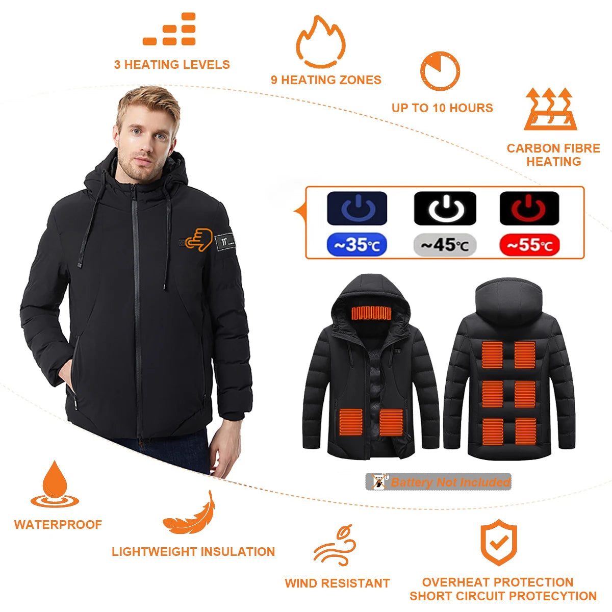 Men's Heated Jacket, Winter Warm Outdoor USB Electric Heated Jacket with 9 Carbon Fiber Heating Pads, 3 Temperature Levels