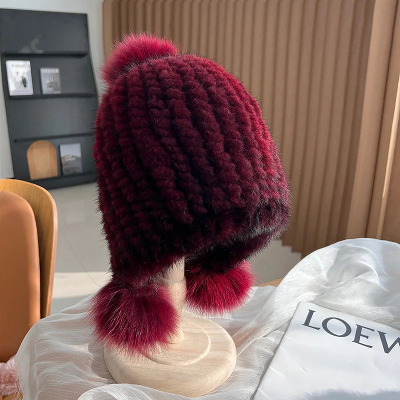 Winter Hot Sale Real Mink Fur Hat For Women Knitted Mink Fur Ear Warm Cap The Spiral Beanies Cap With Fox Fur Pompom On The Top