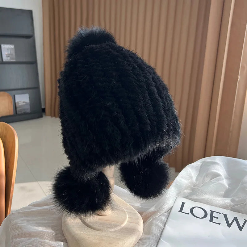 Winter Hot Sale Real Mink Fur Hat For Women Knitted Mink Fur Ear Warm Cap The Spiral Beanies Cap With Fox Fur Pompom On The Top