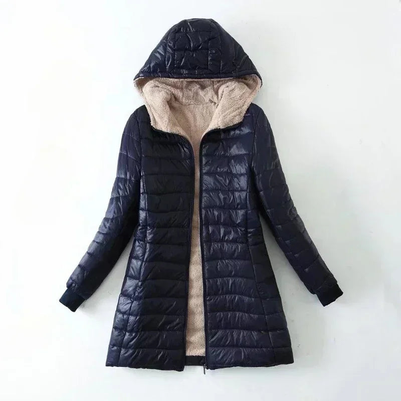 Women Winter Warm Lined Quilted Jacket Fuzzy Fleece Lightweight Zip Long Sleeve Hooded Coat with Pocket Fashion Coats Outwear