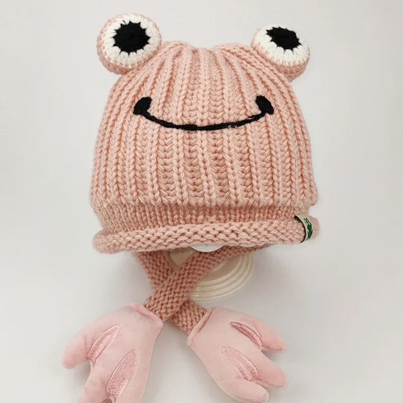 Parent-child Cute Frog Hat Autumn and Winter Warm Knitted Wool Hat Bonnets for Women and Men Cartoon Fisherman Caps