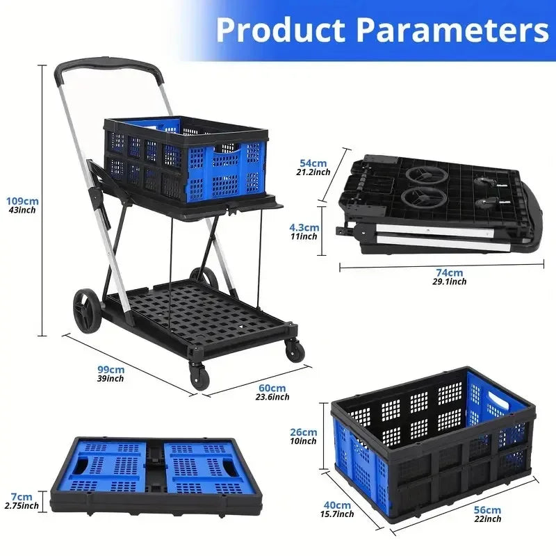 Folding Shopping Cart with Wheels, Collapsible Cart with Storage Crate, Mobile Folding Trolley, 2-Layer Utility Carts, 200 lbs H