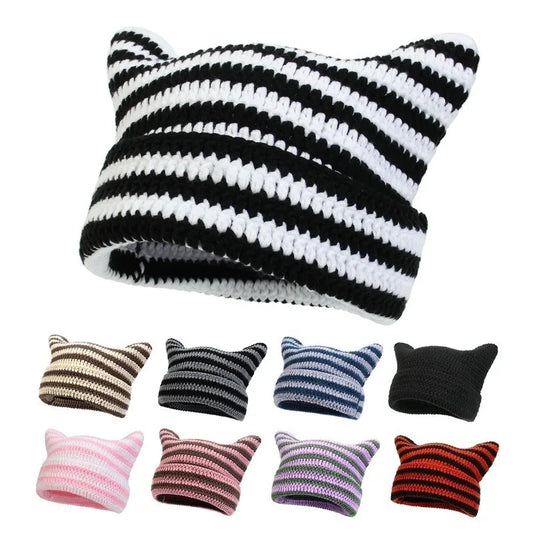 New Japanese Streetwear Harajuku Beanie Little Devil Striped Knitted Hat Women Girls Autumn Winter Cute Cat Ears Cap