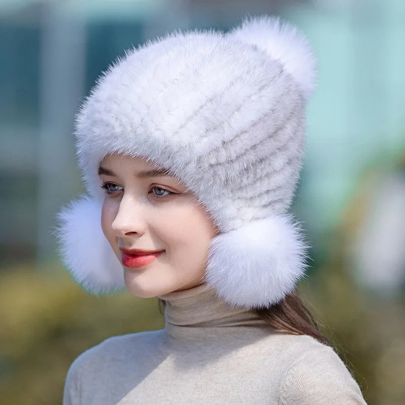 Winter Hot Sale Real Mink Fur Hat For Women Knitted Mink Fur Ear Warm Cap The Spiral Beanies Cap With Fox Fur Pompom On The Top