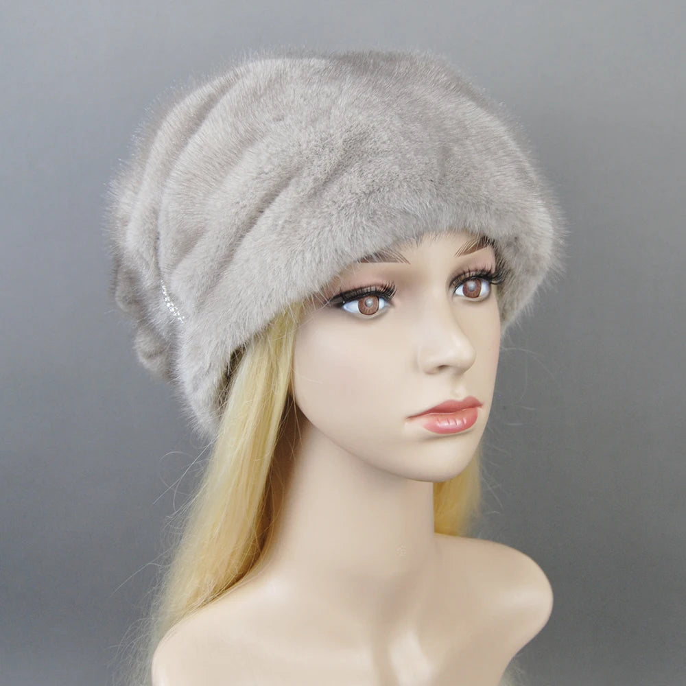 2024 Fashion Hot Whole Genuine Mink Fur Hats Female Winter With Mink Fur Pompons Elegant Luxury High Quality Ladies Beanie Hat