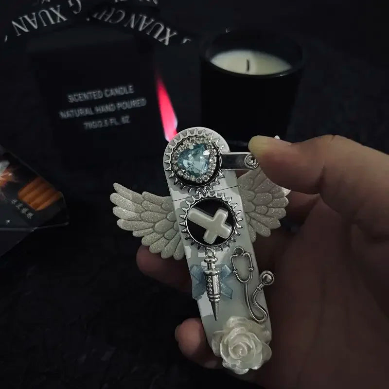 New Angel Wings Pure White Inflatable Lighter Windproof Jet Flame Holy Pink Flame Lighter Cigarette Accessories Girl Gift