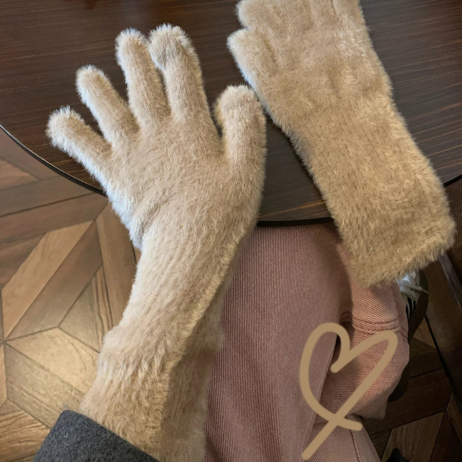 Sweet Mink Wool Long Gloves Women Winter Thicken Knitted Warm Short Fluffy Plush Mittens Protective Arm Anti-cold Outdoor Gloves