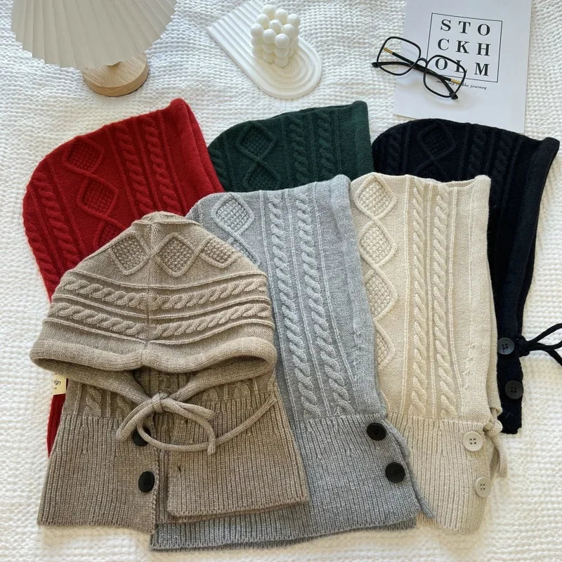 Knitted Balaclava Hat Winter Warm Thicken Imitation Cashmere Scarf Set Shawl Split Finger Gloves Wool Pullover Hat Accessories