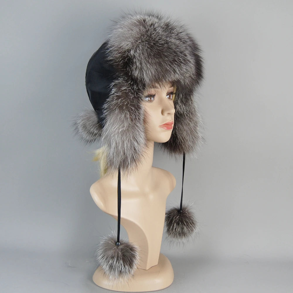 100% Real Fur Hat for Women Natural Silver Fox Fur Russian Ushanka Hats Winter Thick Warm Ears Fashion Bomber Cap