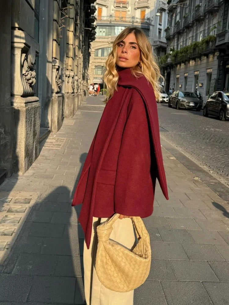 2024 New Fashion Burgundy Red Woolen Suit Jacket With Scarf Collar Women Chic Oversized Flip Pockets Solid Coats Lady Streetwear