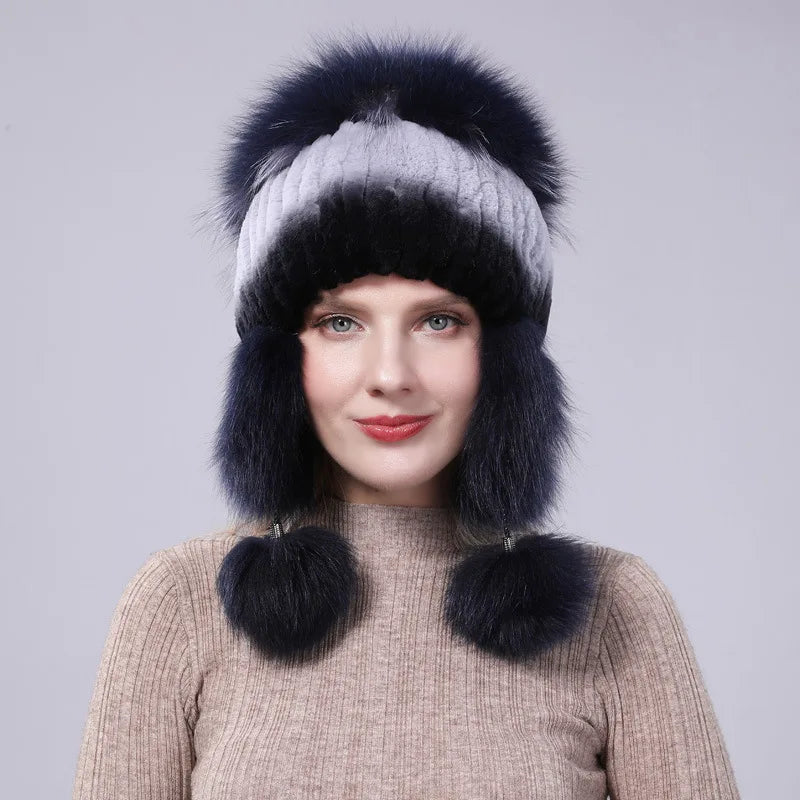 2024 New Winter Hat For Women Warm Natural Genuine Rex Rabbit Fur Knitted Hats With Ear Flaps Handsewn Fashionable Bomber Hat