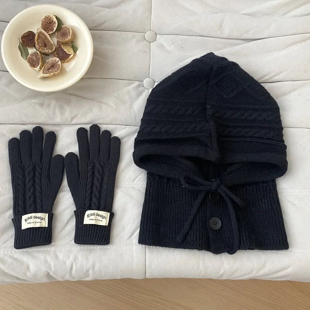 Winter Knitted Hat Gloves Set Warm Thicken Balaclava Imitation Cashmere Scarf Set Wool Korea Shawl Split Finger Pullover Hat