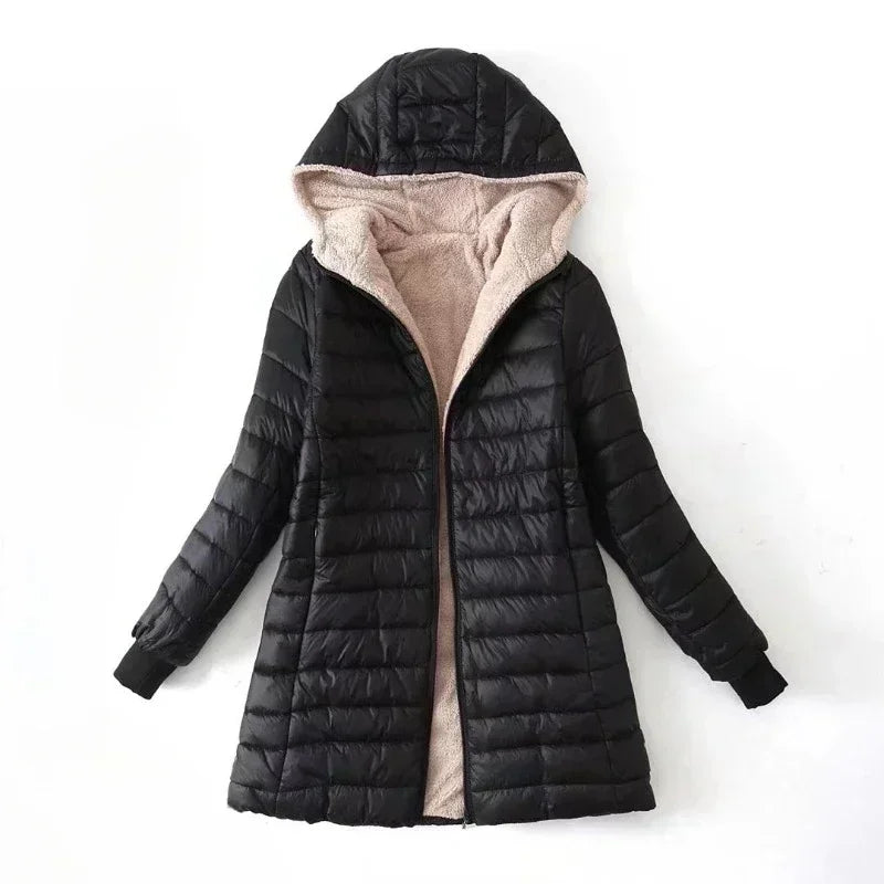 Women Winter Warm Lined Quilted Jacket Fuzzy Fleece Lightweight Zip Long Sleeve Hooded Coat with Pocket Fashion Coats Outwear