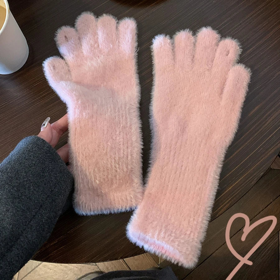 Sweet Mink Wool Long Gloves Women Winter Thicken Knitted Warm Short Fluffy Plush Mittens Protective Arm Anti-cold Outdoor Gloves