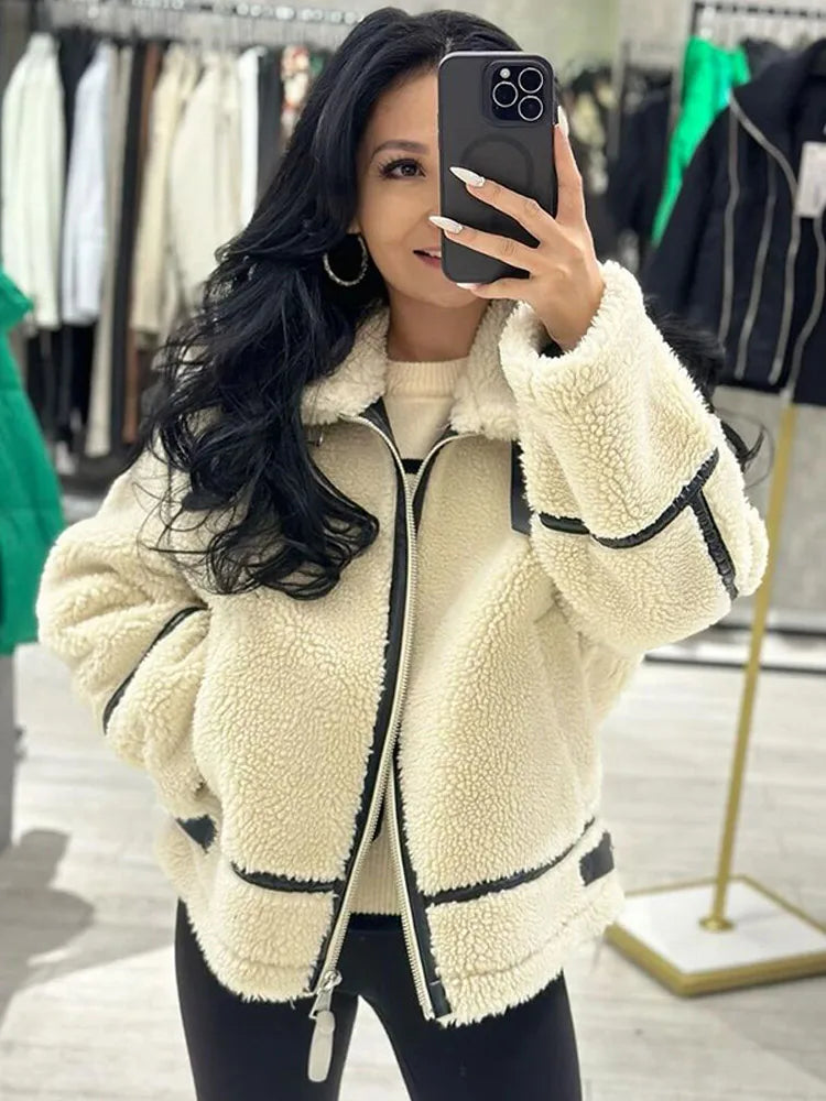 Women White Long Sleeve Patchwork Lamb Wool Coats Warm Lapel Zipper Adjustable Faux Fur Plush Jacket New Lady Winter Wear