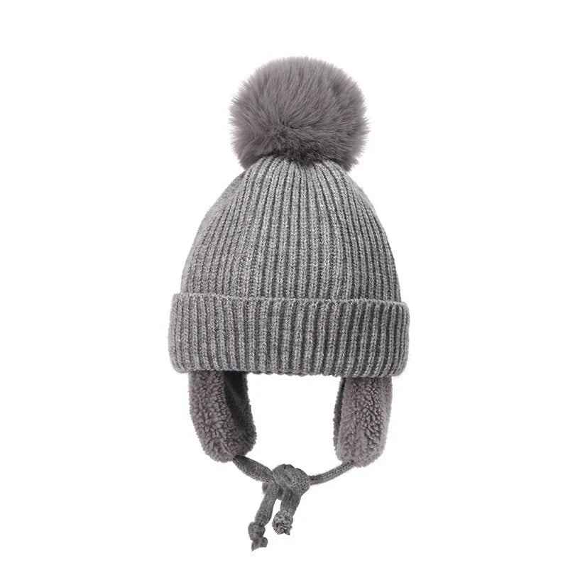 Winter Thick Baby Hat Big Pompom Beanie with Earflap Wool Plush Children Knitted Cap for Girls Boys Warm Kids Accessories 2-8T