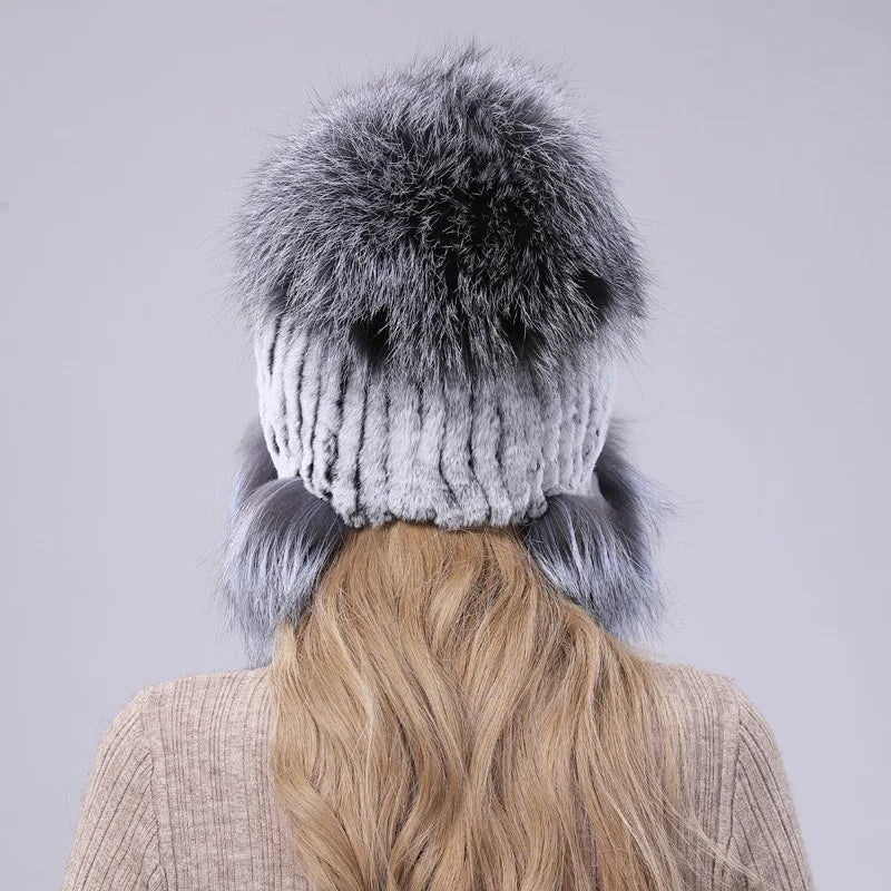 2024 New Winter Hat For Women Warm Natural Genuine Rex Rabbit Fur Knitted Hats With Ear Flaps Handsewn Fashionable Bomber Hat