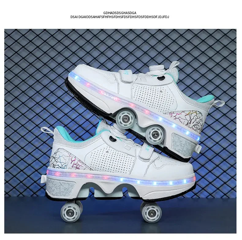 LED Light Deform Wheel Skates Roller Skate Shoes With 4-Wheel  Deformation Parkour Runaway Sneakers Children Adult Rounds Walk