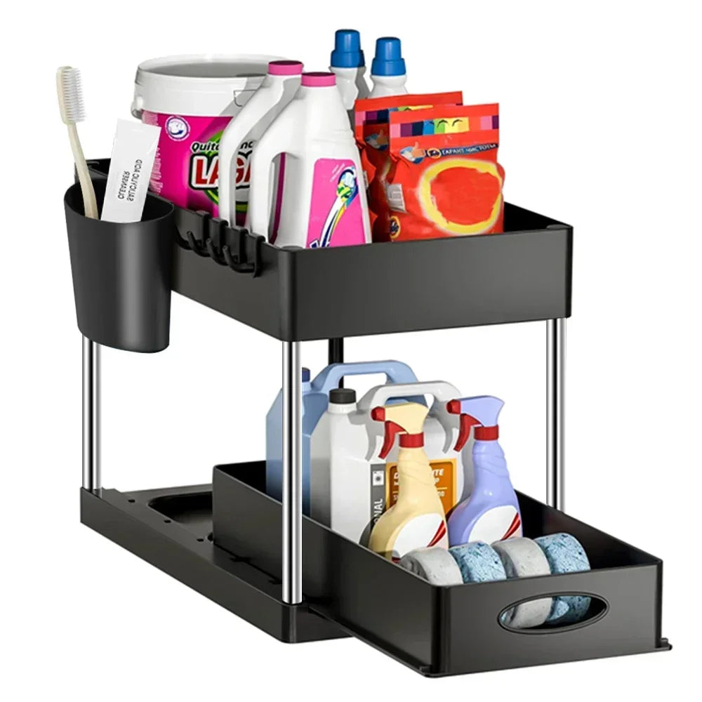 2 Tier Under Sink Organizer Sliding Cabinet Basket Organizer Storage Rack with Hooks Hanging Cup Bathroom Kitchen Organizer