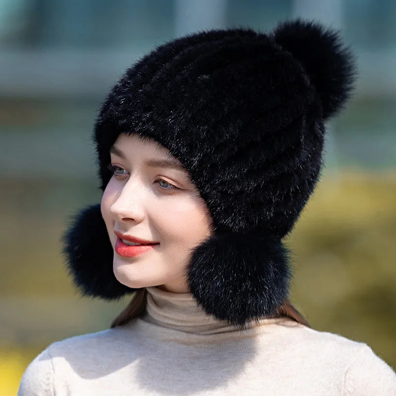 Winter Hot Sale Real Mink Fur Hat For Women Knitted Mink Fur Ear Warm Cap The Spiral Beanies Cap With Fox Fur Pompom On The Top