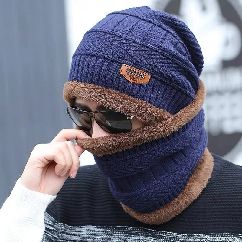 2023New Winter Hats Knit Cap Men Velvet Hat Coral Fleece Scarf Outdoor Riding Hat Warm Thickening Plus Velvet Neck Protect Cap