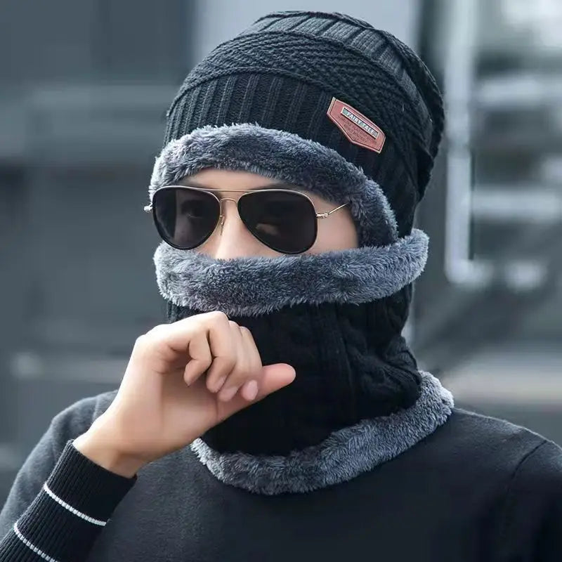 2023New Winter Hats Knit Cap Men Velvet Hat Coral Fleece Scarf Outdoor Riding Hat Warm Thickening Plus Velvet Neck Protect Cap