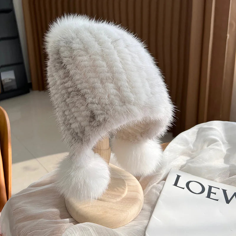 Winter Hot Sale Real Mink Fur Hat For Women Knitted Mink Fur Ear Warm Cap The Spiral Beanies Cap With Fox Fur Pompom On The Top