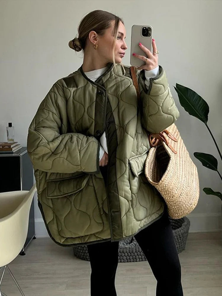 Round Neck Cotton Coat Short Bread Down Jacket Loose Diamond Check Trendy Warm Thicken Women's Cotton-Padded Clothes Winter New