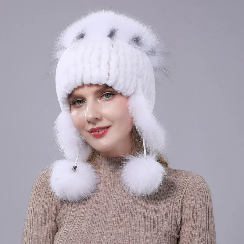 2024 New Winter Hat For Women Warm Natural Genuine Rex Rabbit Fur Knitted Hats With Ear Flaps Handsewn Fashionable Bomber Hat