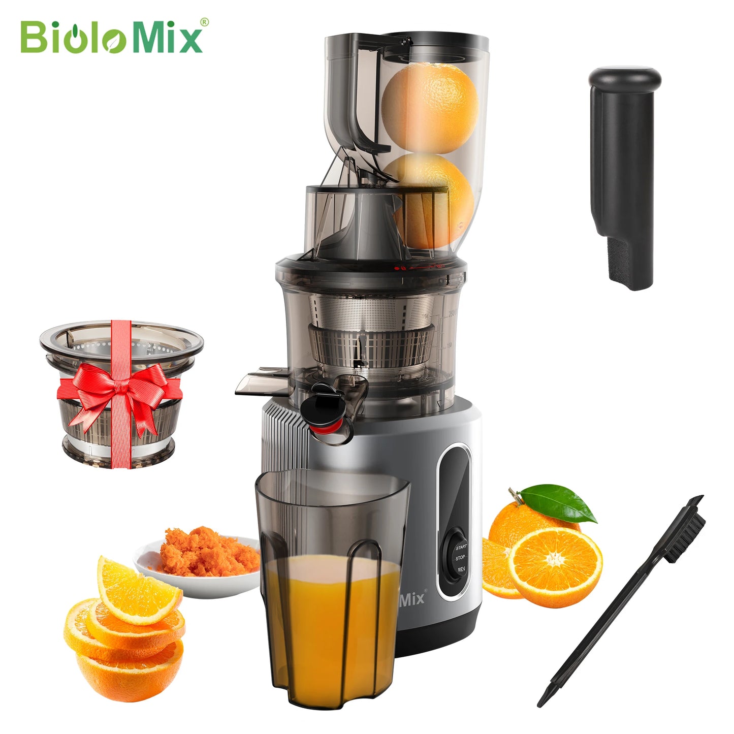 BioloMix Cold Press Juicer with 75mm Feed Chute, 200W 40-65RPM Powerful Motor Slow Masticating Juice Extractor Fits Whole Fruits