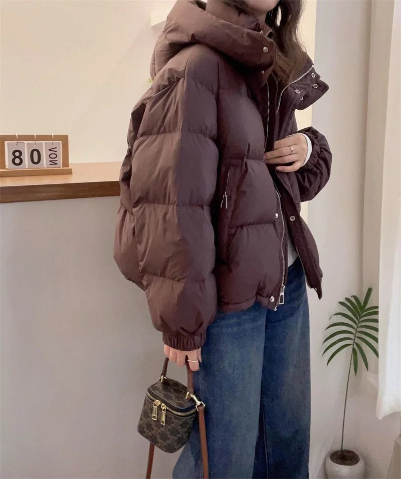 2024 New Korean Style Cotton Padded Coat Women's Cropped Hooded Puffer Jacket Petite Thickened Warm Autumn Winter Jacket Trendy