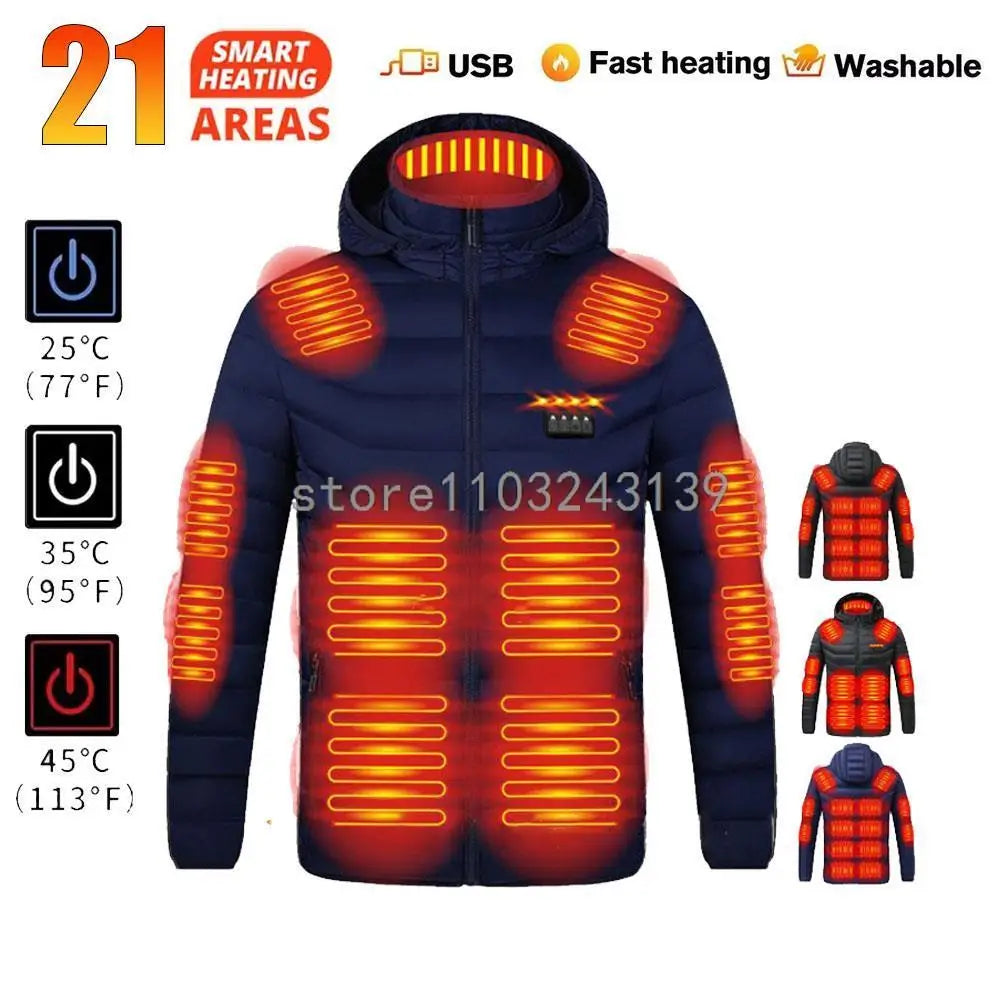 25 Areas Heated Jacket Men Women USB Electric Heated Down Jacket Thermal Self Heating Jacket Hiking Camping Ski Winter Coat