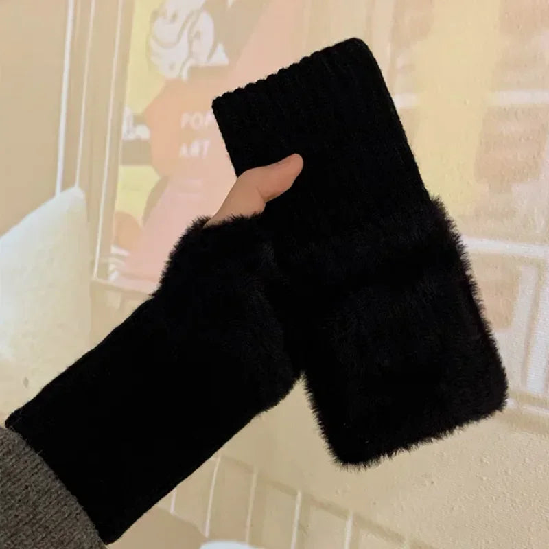 Mink Fleece Soft Winter Half Finger Gloves Women Warm Luxury Solid White Plush Knitted Fingerless Gloves Wrist Mittens Writting