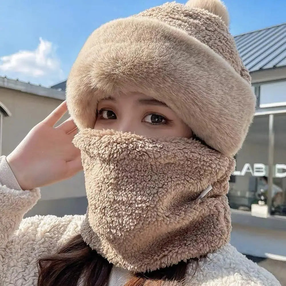 Winter Hats for Women 2024 New Autumn and Winter Collar Scarf Mask One Thick Warm Ear Protection Windproof Hooded Solid Color