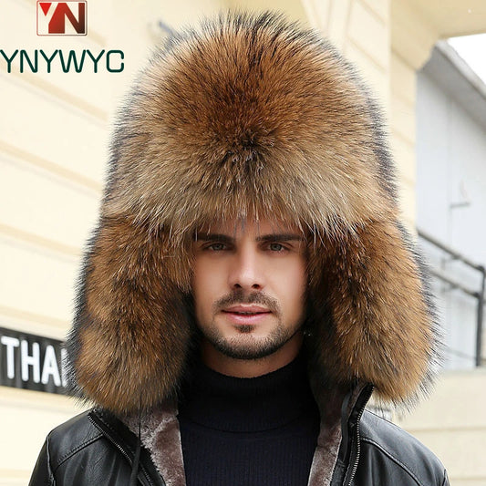 Real Fur 100% Fox Skin Russian Businessmen Pilot Bombers Full Mao Men's hat Ushanka Winter Ear Guard Hat Raccoon Fur Beanie hat