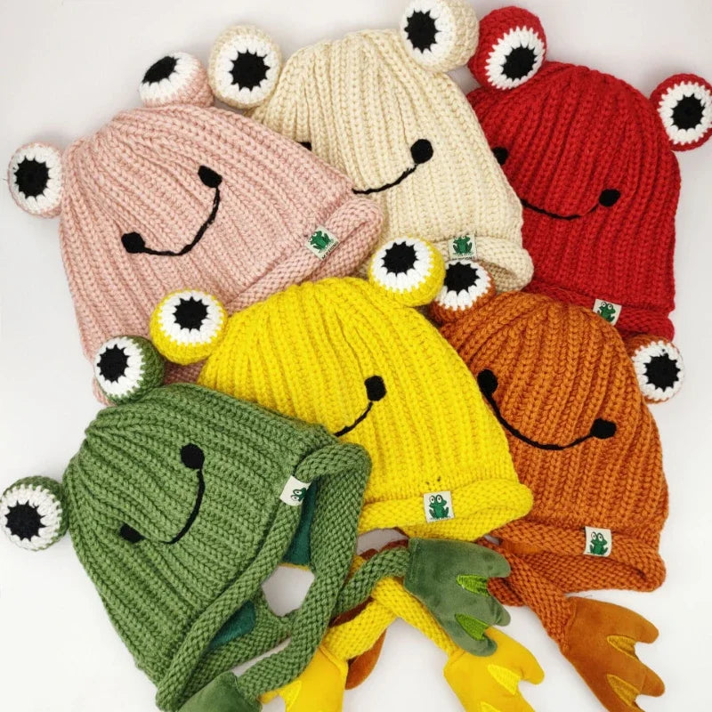 Parent-child Cute Frog Hat Autumn and Winter Warm Knitted Wool Hat Bonnets for Women and Men Cartoon Fisherman Caps