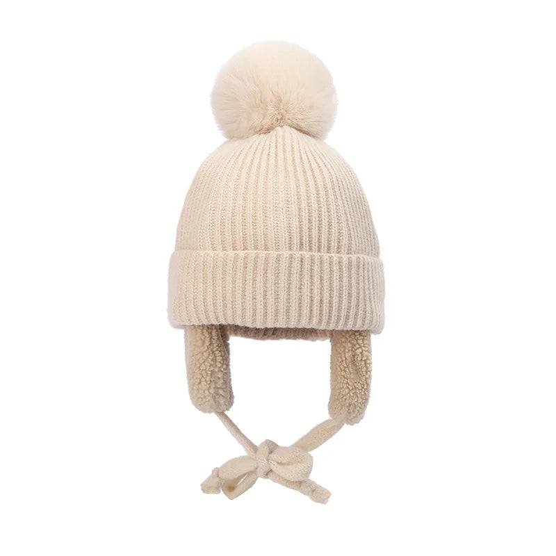 Winter Thick Baby Hat Big Pompom Beanie with Earflap Wool Plush Children Knitted Cap for Girls Boys Warm Kids Accessories 2-8T