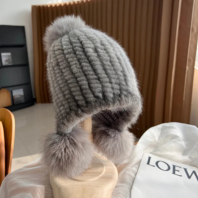 Winter Hot Sale Real Mink Fur Hat For Women Knitted Mink Fur Ear Warm Cap The Spiral Beanies Cap With Fox Fur Pompom On The Top