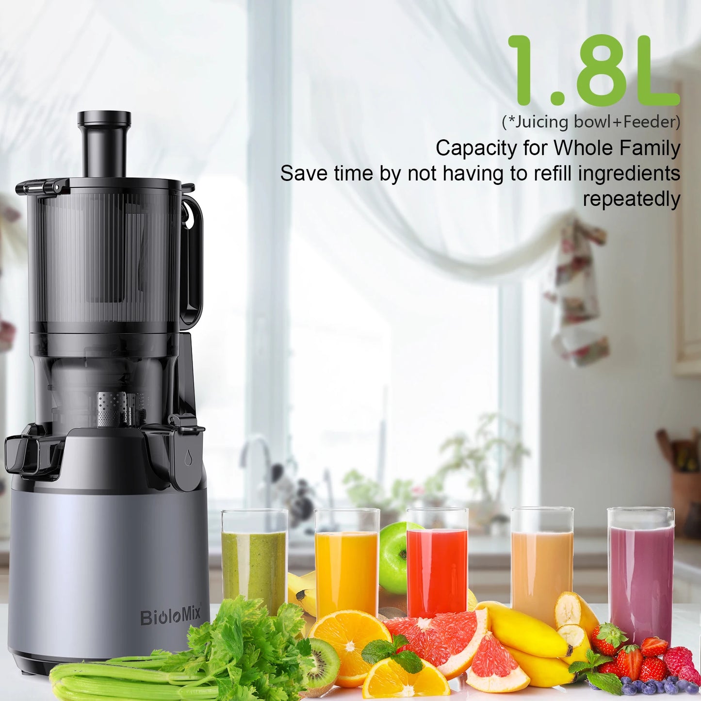 BioloMix Cold Press Juicer,with 130mm Feed Chute,Fit Whole Fruits & Vegetables,High Juice Yield,BPA FREE Slow Masticating Juicer