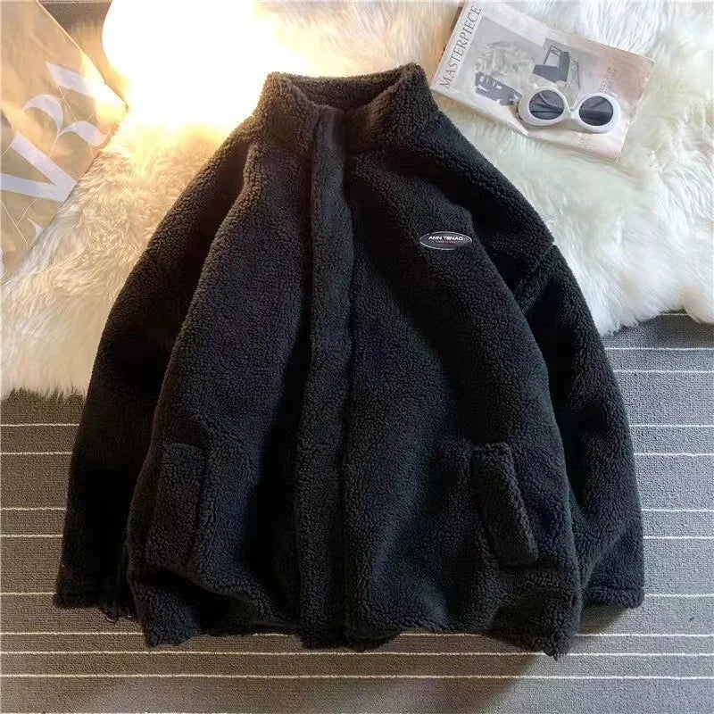 2022 autumn and winter new love lambswool cotton-padded jacket double-sided collar jacket couple loose jacket warm Y2K