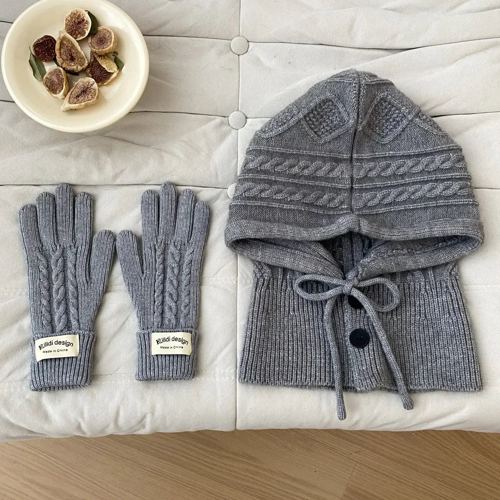 Winter Knitted Hat Gloves Set Warm Thicken Balaclava Imitation Cashmere Scarf Set Wool Korea Shawl Split Finger Pullover Hat