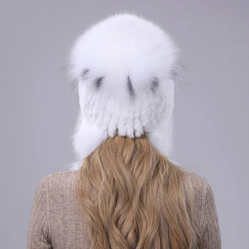 2024 New Winter Hat For Women Warm Natural Genuine Rex Rabbit Fur Knitted Hats With Ear Flaps Handsewn Fashionable Bomber Hat