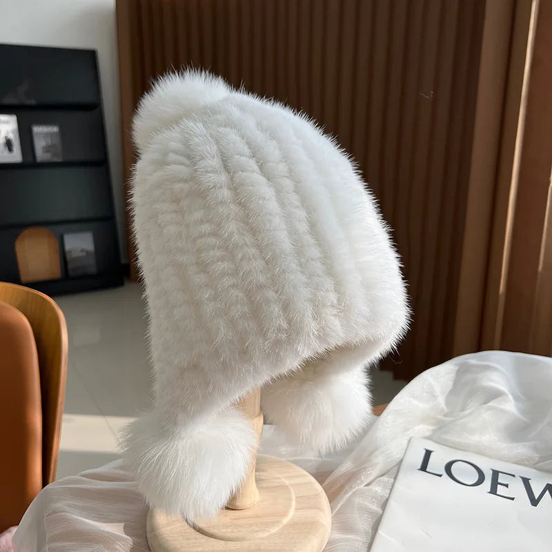 Winter Hot Sale Real Mink Fur Hat For Women Knitted Mink Fur Ear Warm Cap The Spiral Beanies Cap With Fox Fur Pompom On The Top