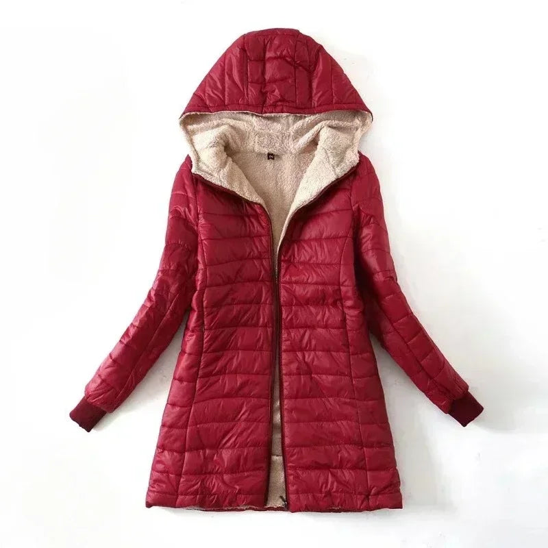 Women Winter Warm Lined Quilted Jacket Fuzzy Fleece Lightweight Zip Long Sleeve Hooded Coat with Pocket Fashion Coats Outwear