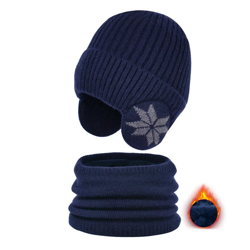 2Pcs Knitted Children Winter Hat Scarf Fleece Lining Ears Protection Kids Beanie Hats Neck Warmer Warm Child Boy Cap 4-10Y