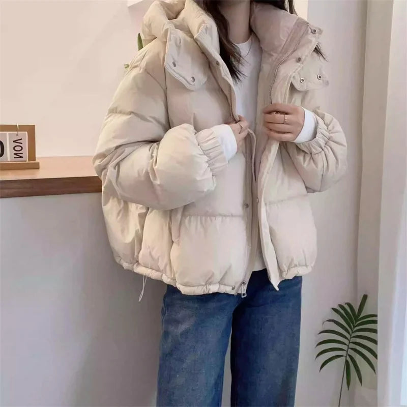 2024 New Korean Style Cotton Padded Coat Women's Cropped Hooded Puffer Jacket Petite Thickened Warm Autumn Winter Jacket Trendy